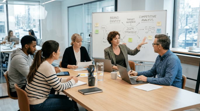Five colleagues discussing 2024 business strategy around a conference table with a whiteboard