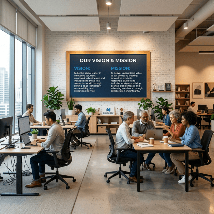 Office employees working and discussing in front of vision and mission statement board