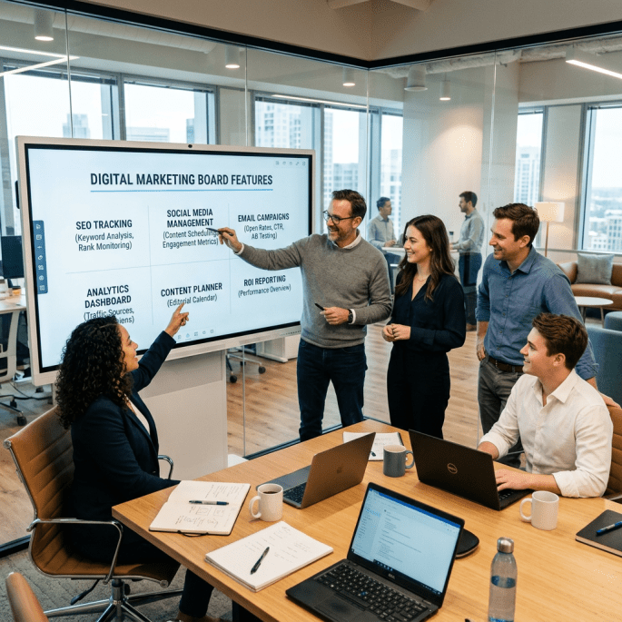 Five colleagues discussing digital marketing board features displayed on a large screen in a meeting room
