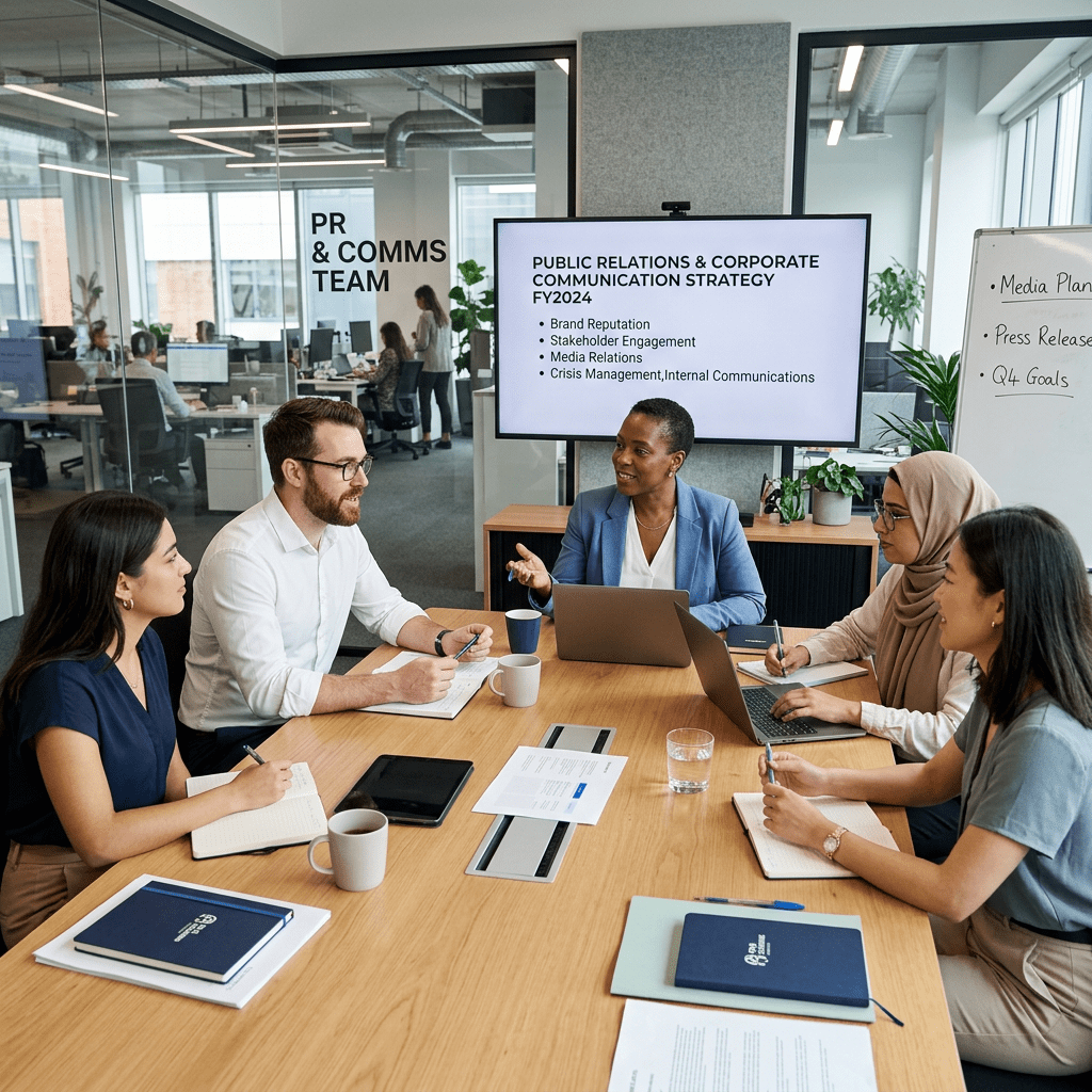 Five colleagues discussing public relations and corporate communication strategies in a conference room