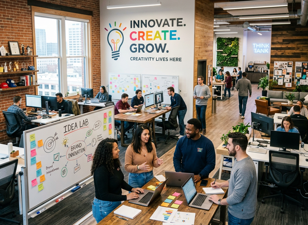 Office space with people brainstorming around a table and working at desks