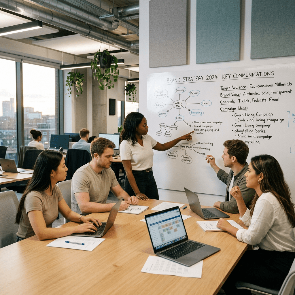 Team discussing brand strategy and communications plan at whiteboard