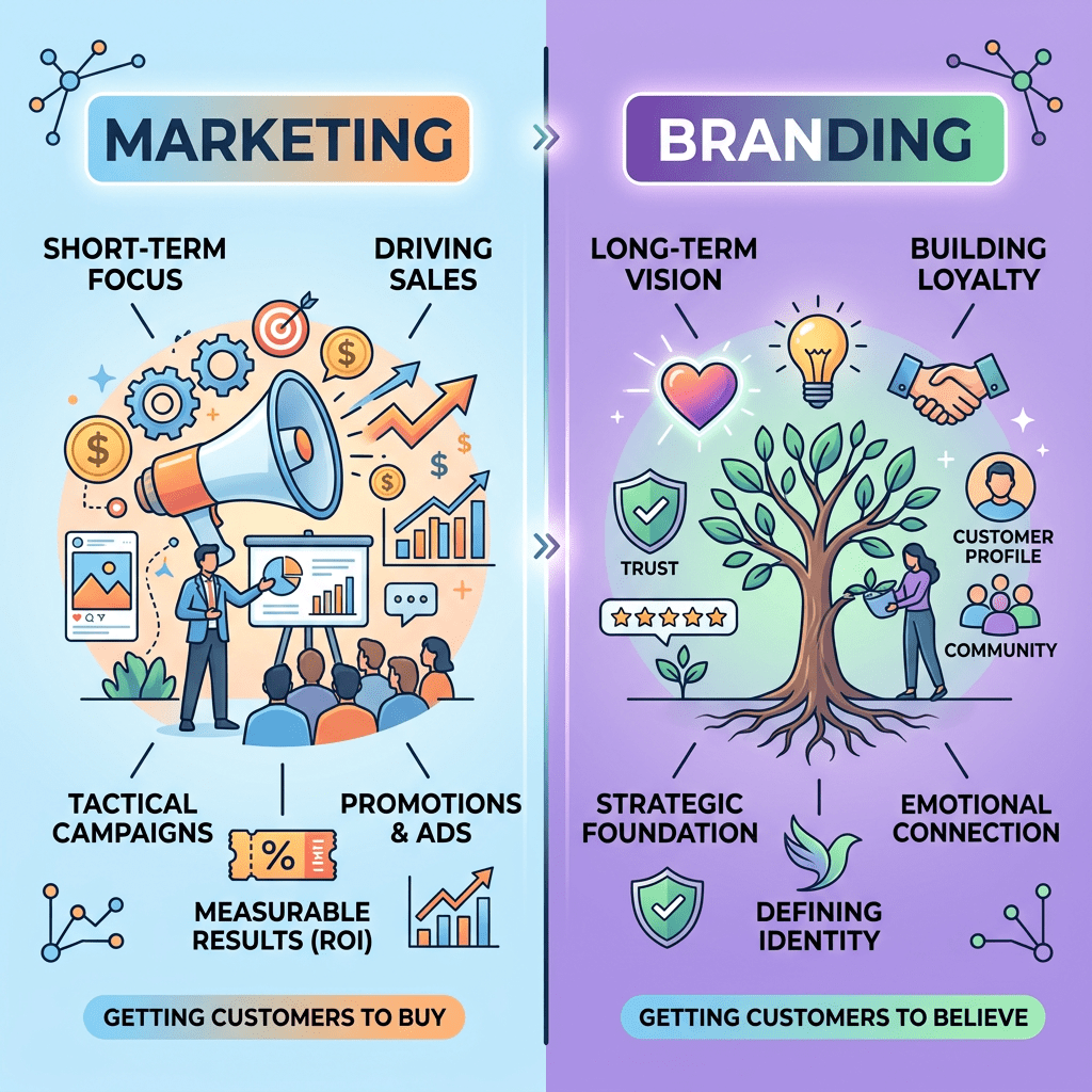 Comparison of marketing and branding concepts with icons and text