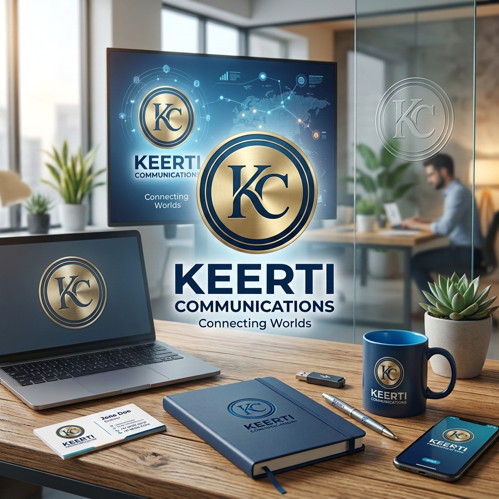 Workspace with Keerti Communications logo on laptop, notebook, mug, phone, business card, and screen