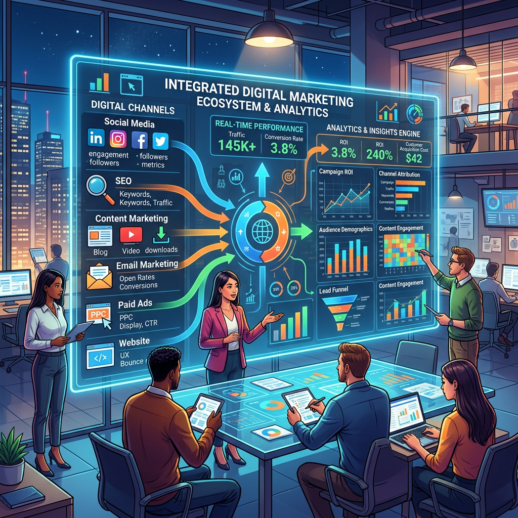 Marketing team discussing integrated digital marketing ecosystem and analytics with charts and social media icons
